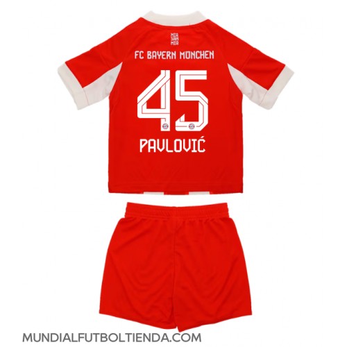 Camiseta Bayern Munich Aleksandar Pavlovic #45 Primera Equipación Replica 2025-26 para niños mangas cortas (+ Pantalones cortos)